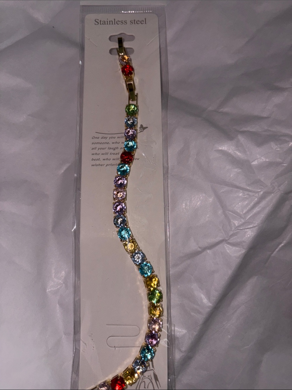Stainless Steel Multicolor Crystal Tennis Bracelet - Gold Tone